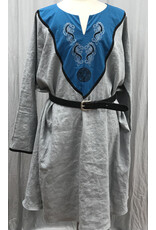 Cloakmakers.com J858 - Long Sleeve Grey Linen Tunic w/ Turquoise Blue Embroidered Collar