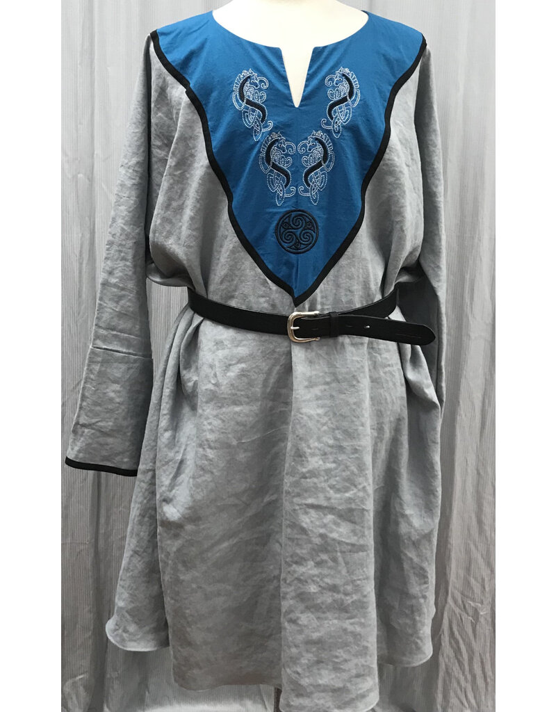 Cloakmakers.com J858 - Long Sleeve Grey Linen Tunic w/ Turquoise Blue Embroidered Collar