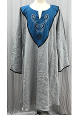 Cloakmakers.com J858 - Long Sleeve Grey Linen Tunic w/ Turquoise Blue Embroidered Collar