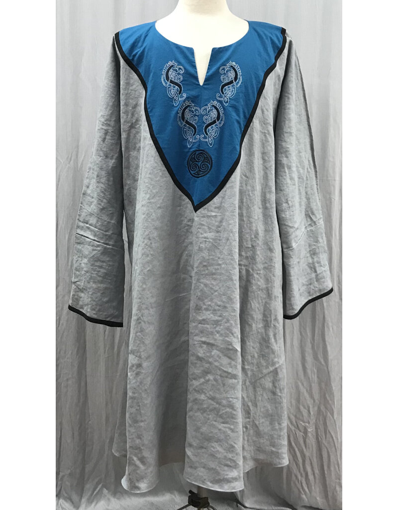 Cloakmakers.com J858 - Long Sleeve Grey Linen Tunic w/ Turquoise Blue Embroidered Collar