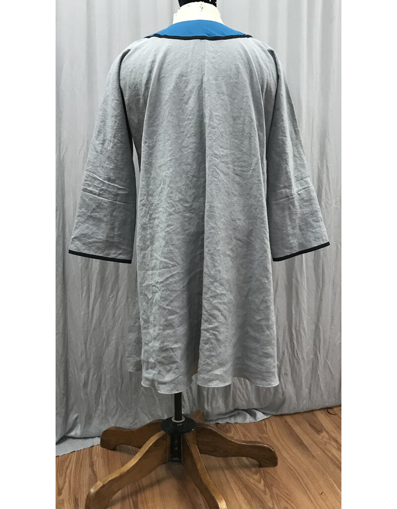 Cloakmakers.com J858 - Long Sleeve Grey Linen Tunic w/ Turquoise Blue Embroidered Collar
