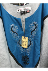 Cloakmakers.com J858 - Long Sleeve Grey Linen Tunic w/ Turquoise Blue Embroidered Collar