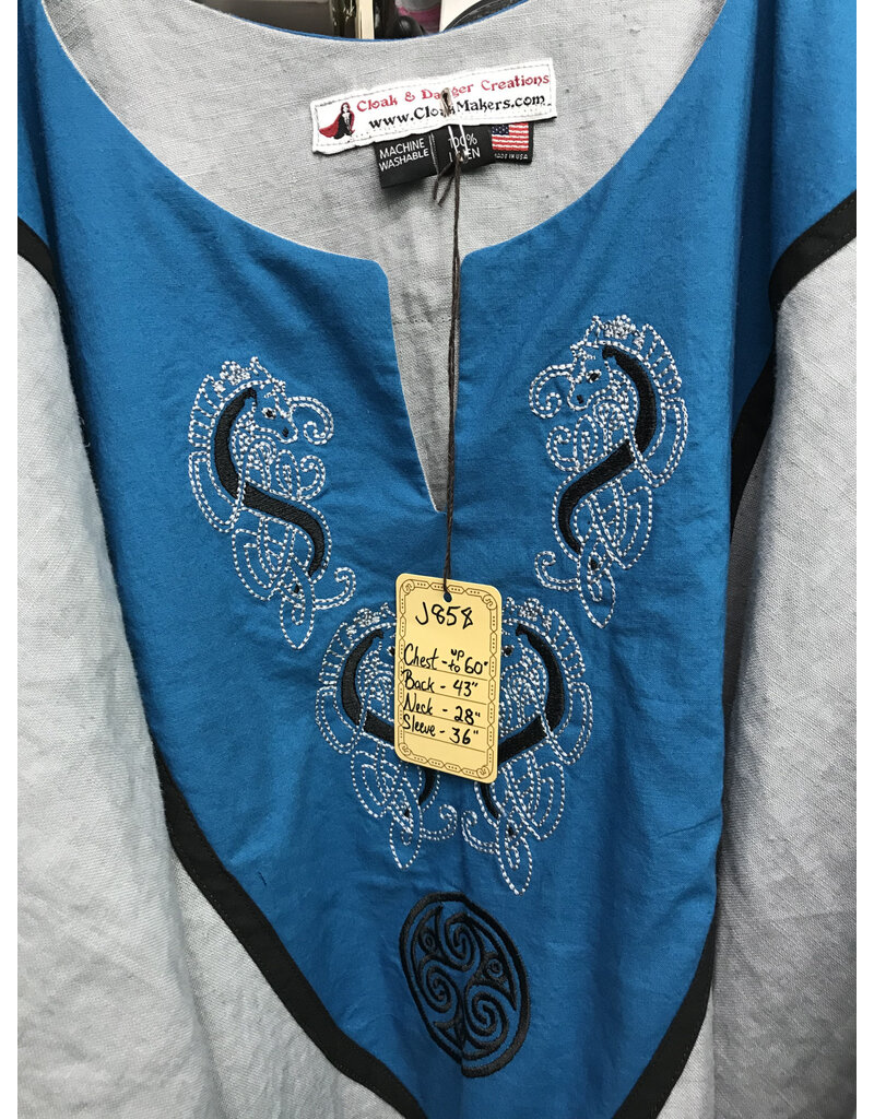 Cloakmakers.com J858 - Long Sleeve Grey Linen Tunic w/ Turquoise Blue Embroidered Collar