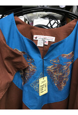 Cloakmakers.com J859 - Brown Cotton Short Sleeve Tunic w/ Wolf & Knot Embroidery on Teal Collar
