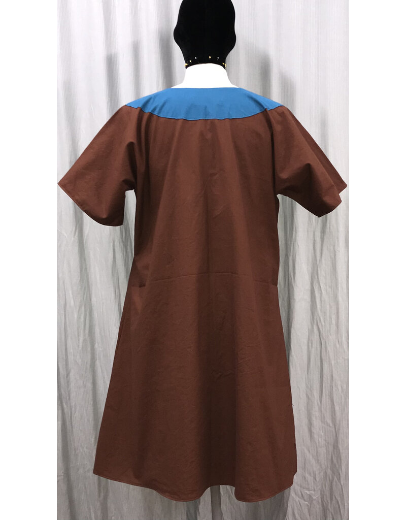 Cloakmakers.com J859 - Brown Cotton Short Sleeve Tunic w/ Wolf & Knot Embroidery on Teal Collar