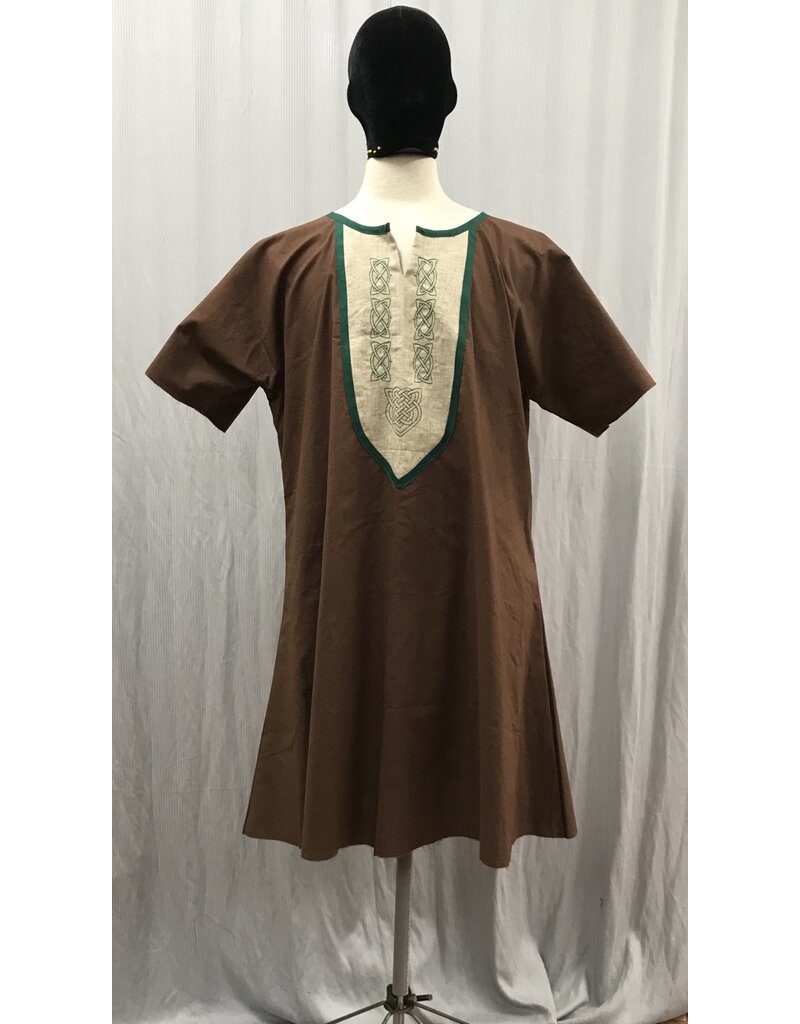 Cloakmakers.com J861 - Brown Cotton Short Sleeve Tunic w/ Green Embroidery on Tan Bib