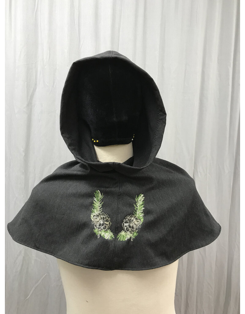 Cloakmakers.com H479  - Hooded Cowl, Charcoal Grey Wool Blend, Pinecone Embroidery