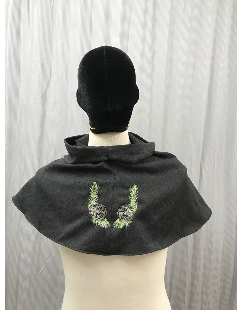 Cloakmakers.com H479  - Hooded Cowl, Charcoal Grey Wool Blend, Pinecone Embroidery