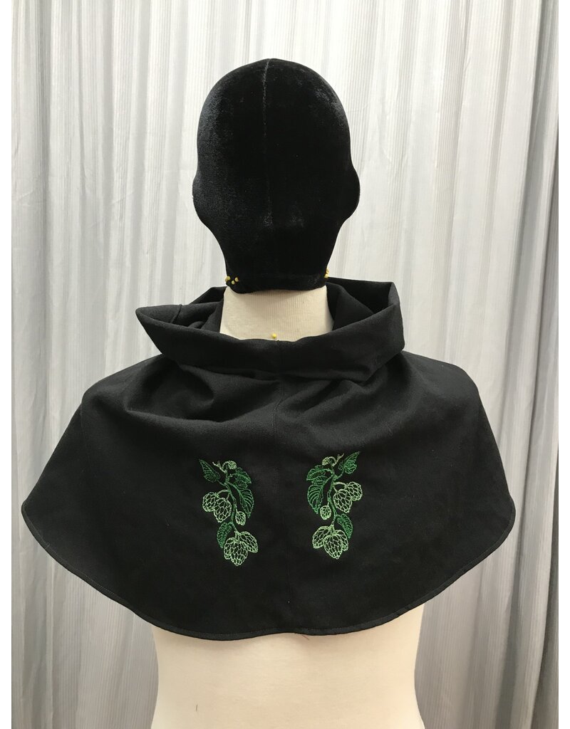Cloakmakers.com H470- Washable Black Wool Hooded Cowl w/Hops Embroidery