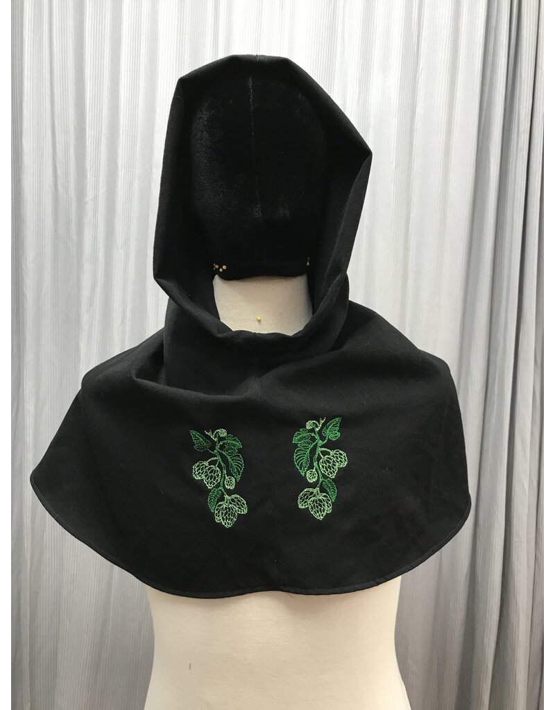 Cloakmakers.com H470- Washable Black Wool Hooded Cowl w/Hops Embroidery