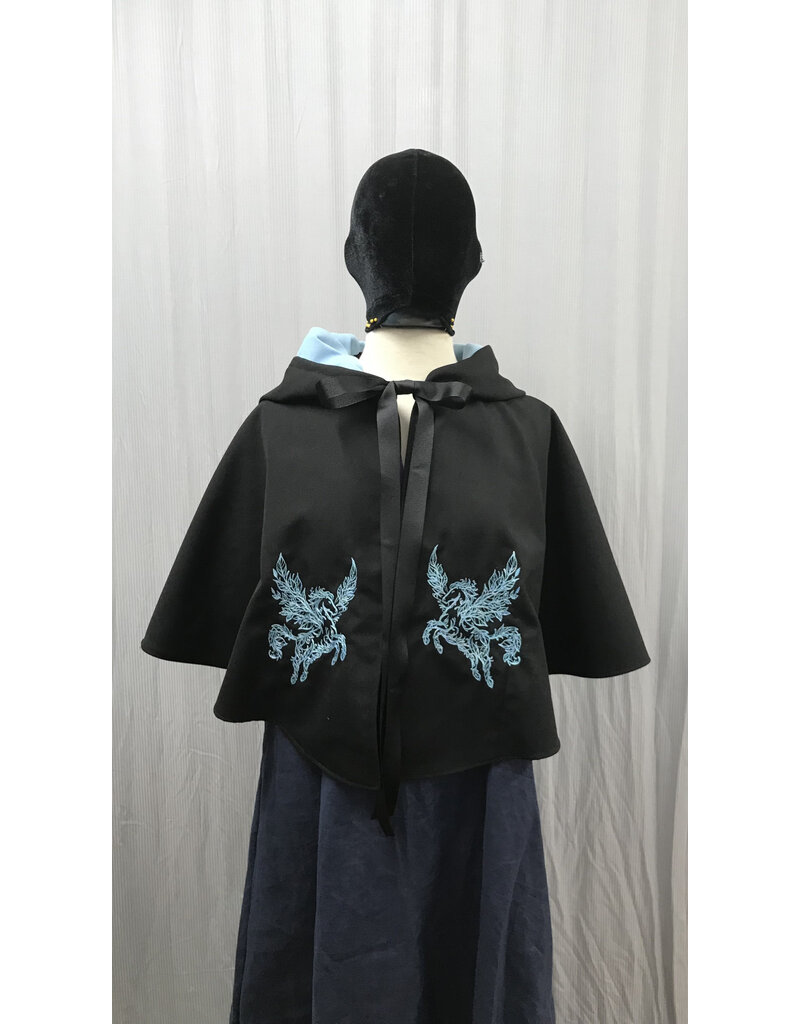 Cloakmakers.com 5381 - Washable Rain Resistant Short Black  Wool Blend Cloak w/ Pegasi & Pockets