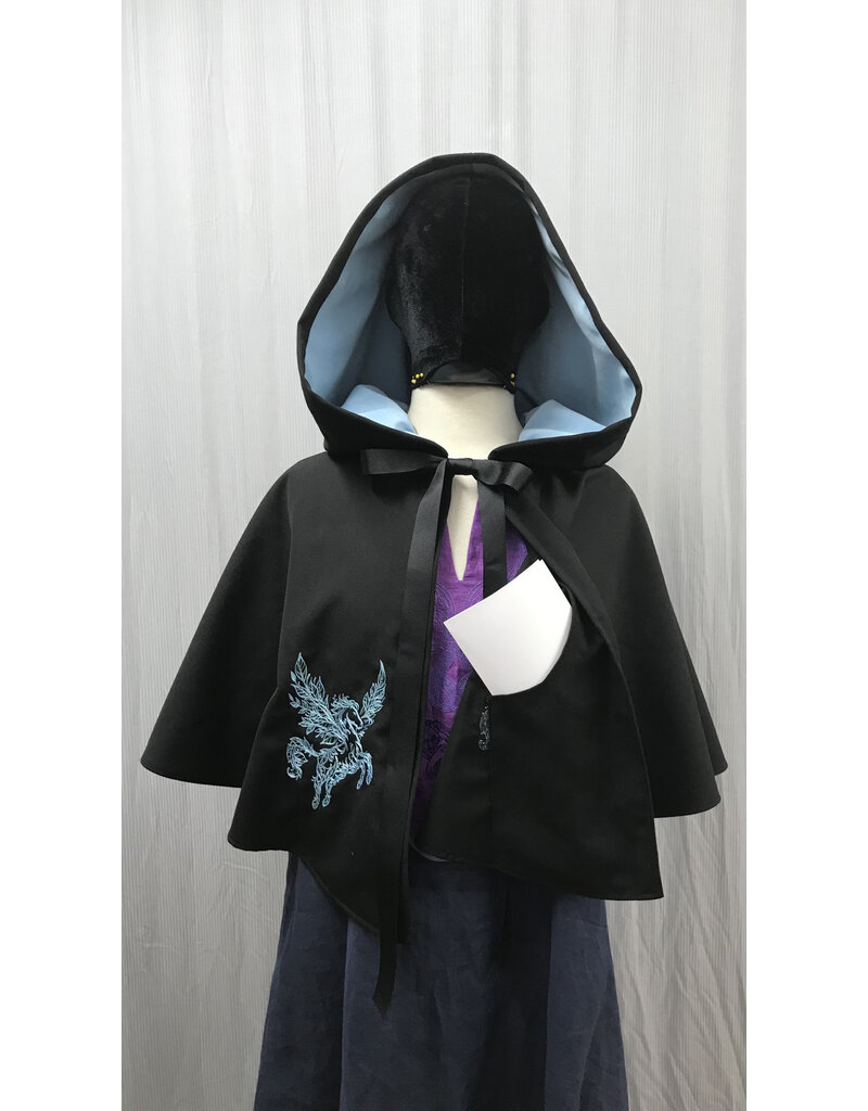 Cloakmakers.com 5381 - Washable Rain Resistant Short Black  Wool Blend Cloak w/ Pegasi & Pockets