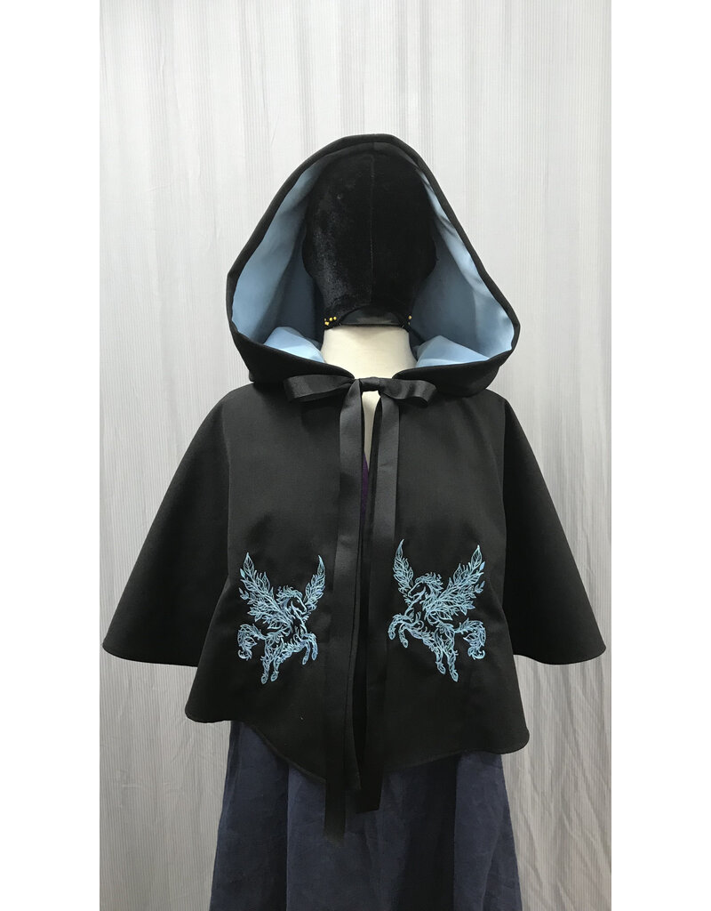 Cloakmakers.com 5381 - Washable Rain Resistant Short Black  Wool Blend Cloak w/ Pegasi & Pockets