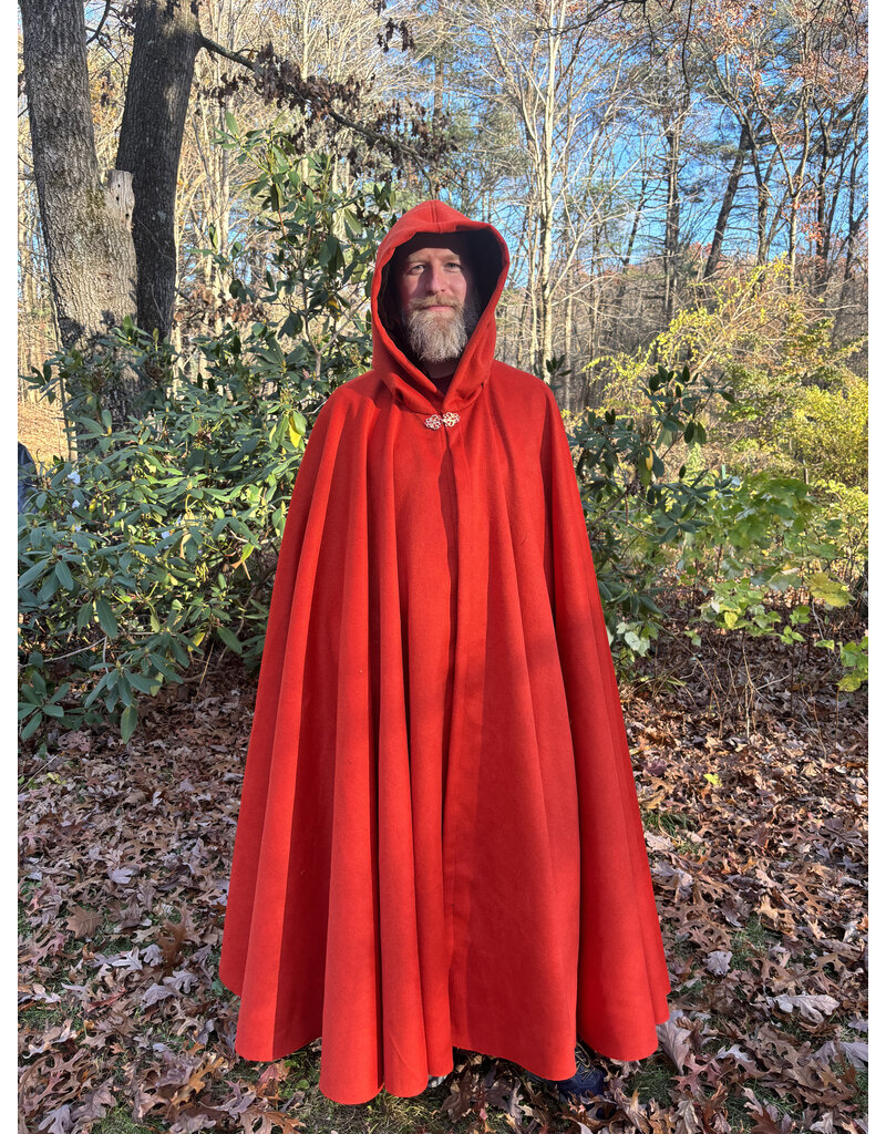 Cloakmakers.com 5435 - Tomato Red Full Circle Cloak w/ Brown Velvet Hood Lining