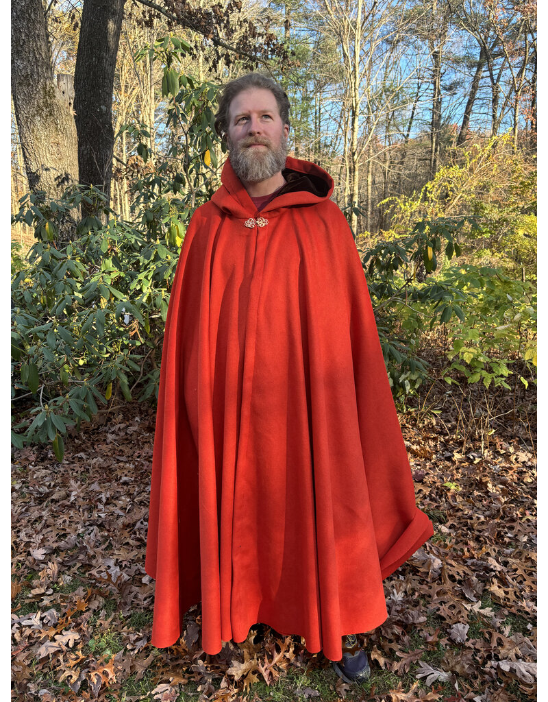 Cloakmakers.com 5435 - Tomato Red Full Circle Cloak w/ Brown Velvet Hood Lining