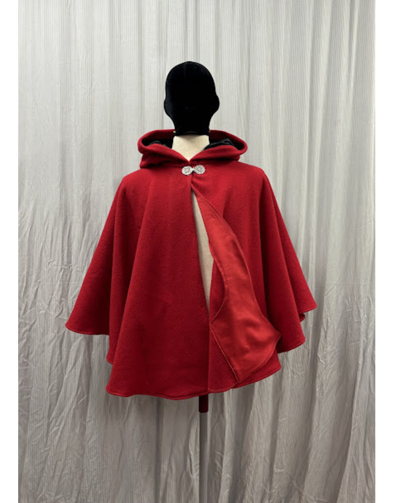 Cloakmakers.com 5440 - Washable Red Wool Ruana Cloak with Black Velvet Hood