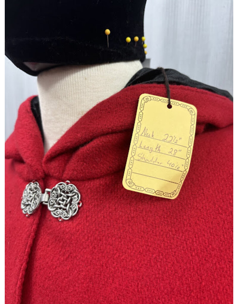 Cloakmakers.com 5440 - Washable Red Wool Ruana Cloak with Black Velvet Hood