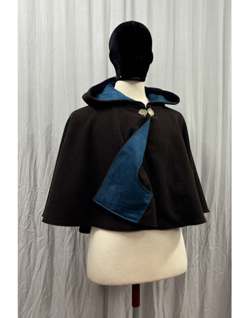 Cloakmakers.com 5441 - Washable Brown Wool Cloak W/ Teal Hood Lining, Wolf Embroidery, Pockets