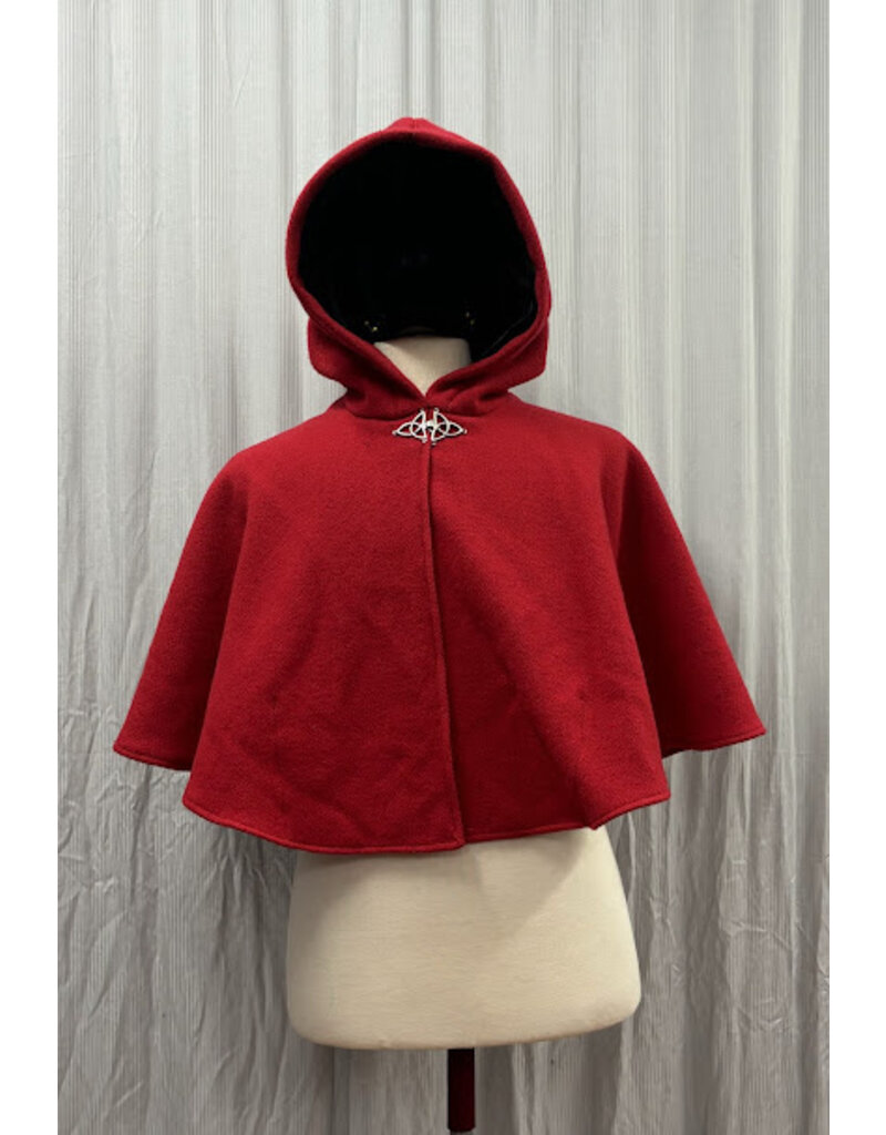 Cloakmakers.com 5442 - Washable Red Wool Ruana W/ Black Velvet Hood Lining, Black Raven Embroidery, Pockets