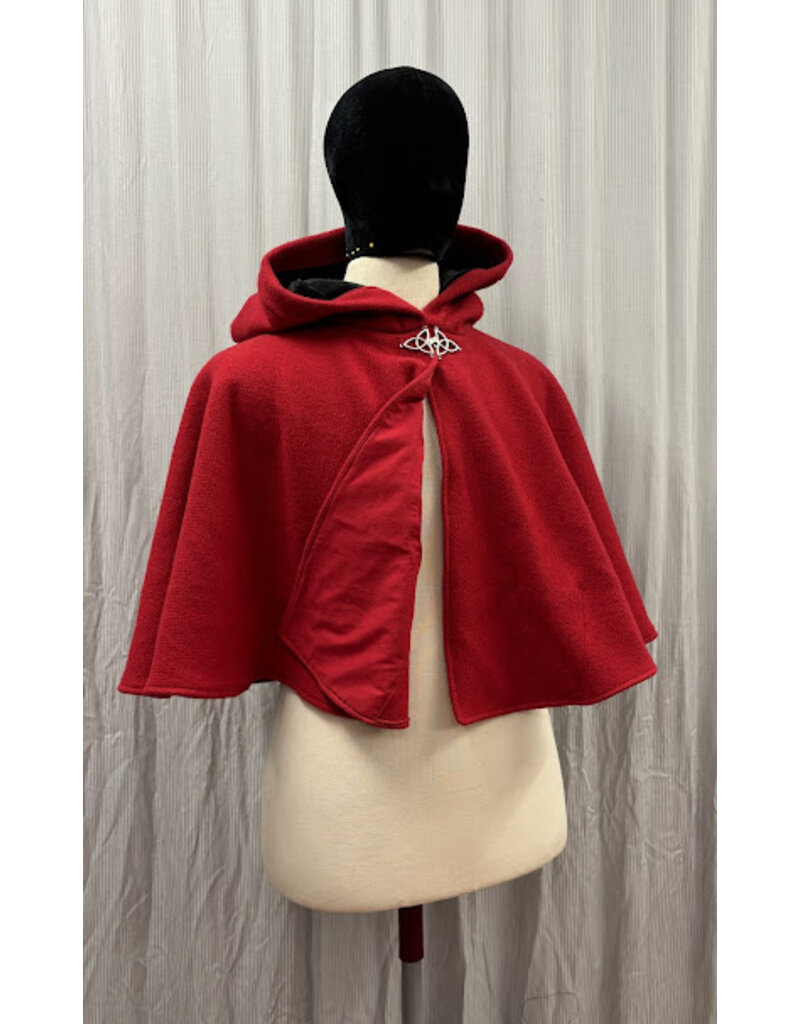 Cloakmakers.com 5442 - Washable Red Wool Ruana W/ Black Velvet Hood Lining, Black Raven Embroidery, Pockets