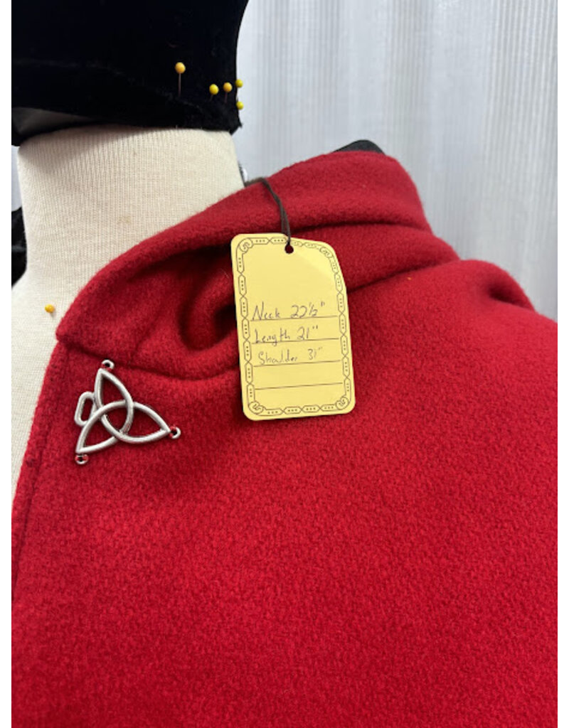 Cloakmakers.com 5442 - Washable Red Wool Ruana W/ Black Velvet Hood Lining, Black Raven Embroidery, Pockets