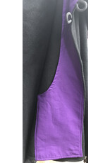 Cloakmakers.com 5446 - Washable Short Shaped Shoulder Black Wool Cloak w/ Purple Velvet Hood Lining, Compass Embroideries, Pockets