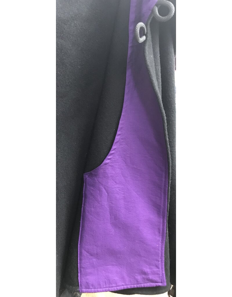Cloakmakers.com 5446 - Washable Short Shaped Shoulder Black Wool Cloak w/ Purple Velvet Hood Lining, Compass Embroideries, Pockets