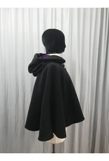 Cloakmakers.com 5446 - Washable Short Shaped Shoulder Black Wool Cloak w/ Purple Velvet Hood Lining, Compass Embroideries, Pockets