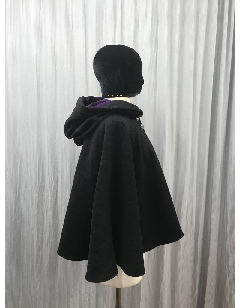 Cloakmakers.com 5446 - Washable Short Shaped Shoulder Black Wool Cloak w/ Purple Velvet Hood Lining, Compass Embroideries, Pockets