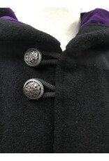 Cloakmakers.com 5446 - Washable Short Shaped Shoulder Black Wool Cloak w/ Purple Velvet Hood Lining, Compass Embroideries, Pockets