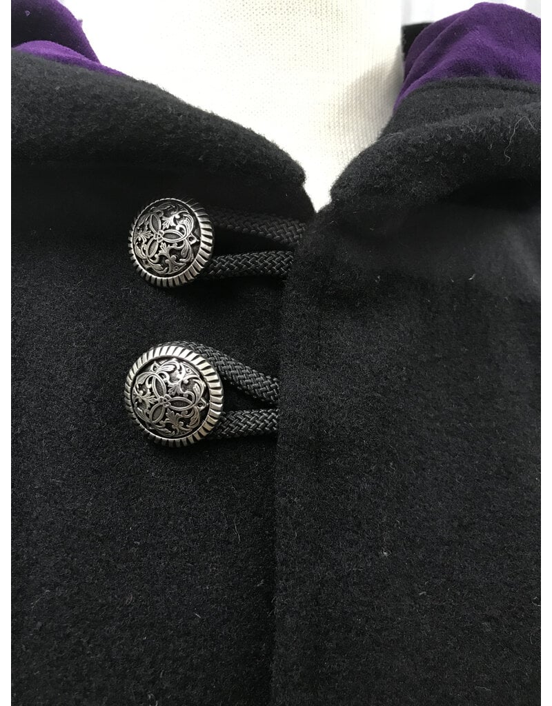 Cloakmakers.com 5446 - Washable Short Shaped Shoulder Black Wool Cloak w/ Purple Velvet Hood Lining, Compass Embroideries, Pockets