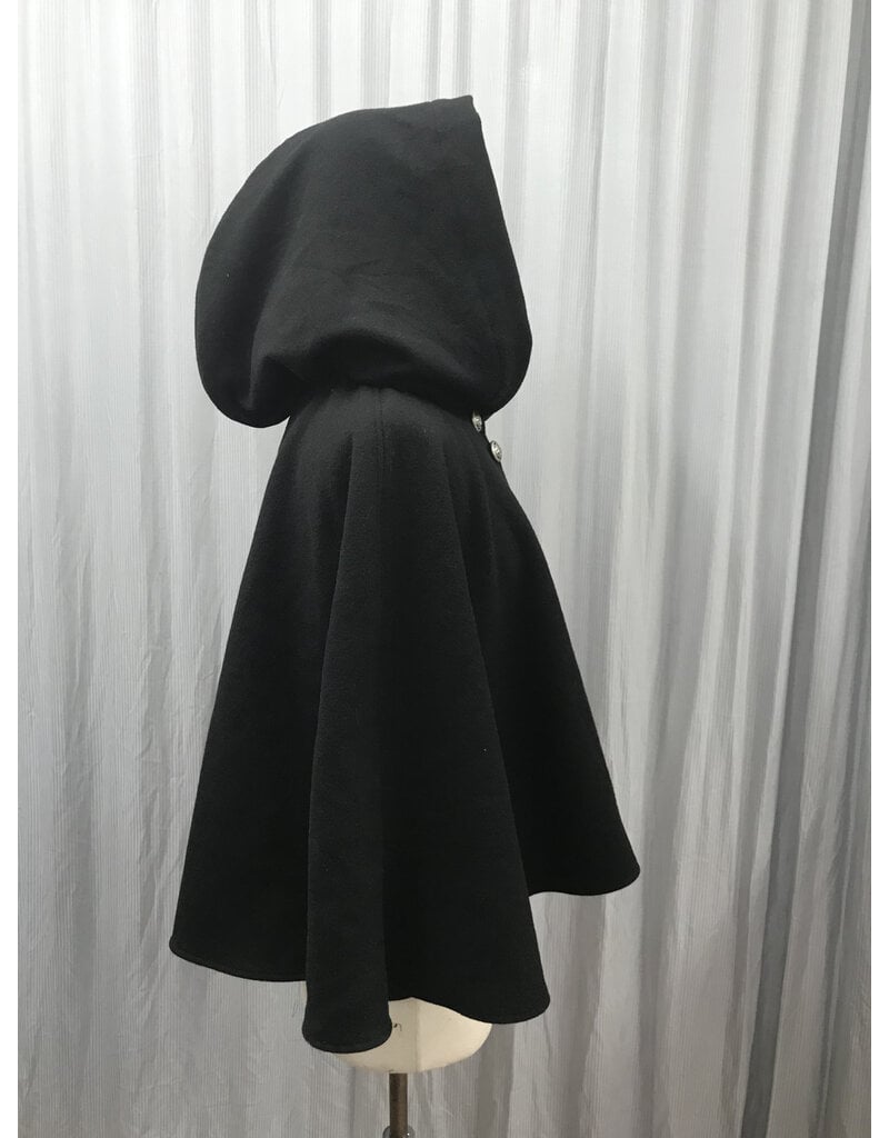 Cloakmakers.com 5446 - Washable Short Shaped Shoulder Black Wool Cloak w/ Purple Velvet Hood Lining, Compass Embroideries, Pockets