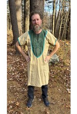 Cloakmakers.com J639-Buff Linen Tunic,  Viking Dragon Embroidery on Green Cotton Facing