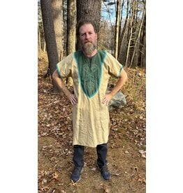 Cloakmakers.com J639-Buff Linen Tunic,  Viking Dragon Embroidery on Green Cotton Facing