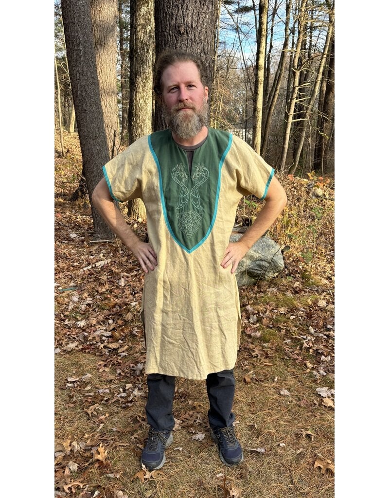 Cloakmakers.com J639-Buff Linen Tunic,  Viking Dragon Embroidery on Green Cotton Facing