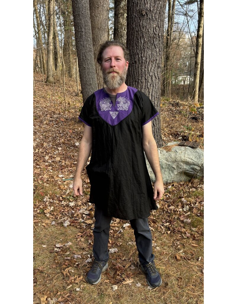 Cloakmakers.com J854 - Black Linen Short-Sleeve Tunic w/ Horse Embroidery on Purple