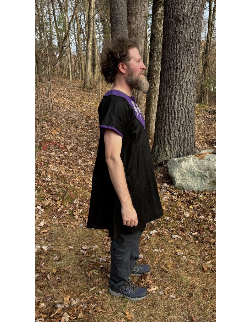 Cloakmakers.com J854 - Black Linen Short-Sleeve Tunic w/ Horse Embroidery on Purple