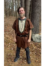 Cloakmakers.com J861 - Brown Cotton Short Sleeve Tunic w/ Green Embroidery on Tan Bib
