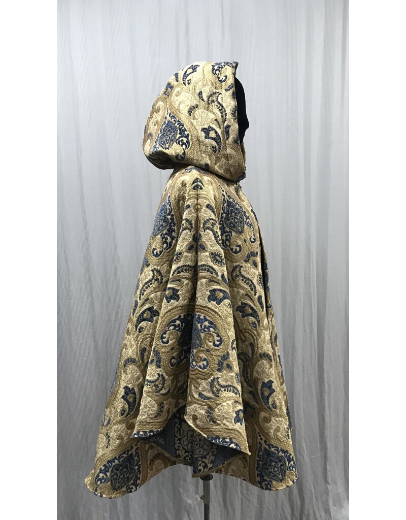 Cloakmakers.com 5465 - Washable Brocade Tapestry Ruana Cloak w/ Blue Cotton Velvet Hood Lining