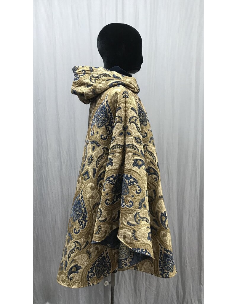 Cloakmakers.com 5465 - Washable Brocade Tapestry Ruana Cloak w/ Blue Cotton Velvet Hood Lining