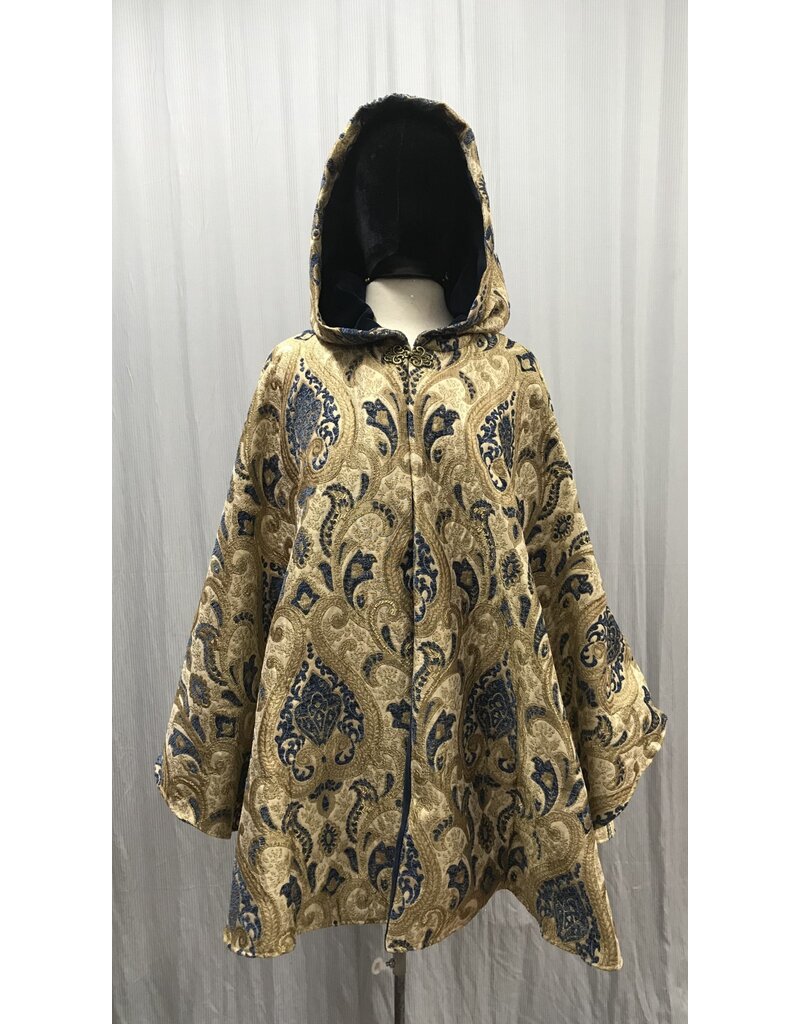 Cloakmakers.com 5465 - Washable Brocade Tapestry Ruana Cloak w/ Blue Cotton Velvet Hood Lining