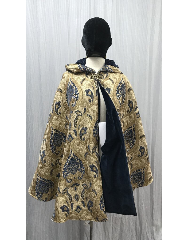 Cloakmakers.com 5465 - Washable Brocade Tapestry Ruana Cloak w/ Blue Cotton Velvet Hood Lining