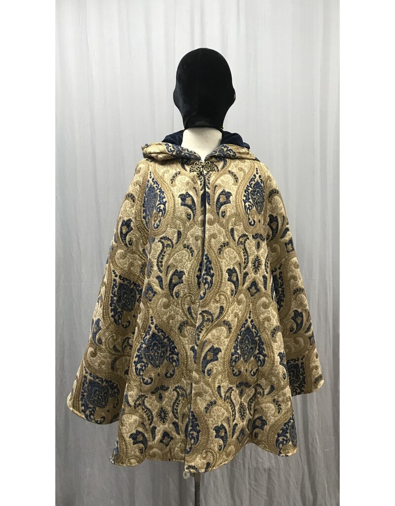 Cloakmakers.com 5465 - Washable Brocade Tapestry Ruana Cloak w/ Blue Cotton Velvet Hood Lining