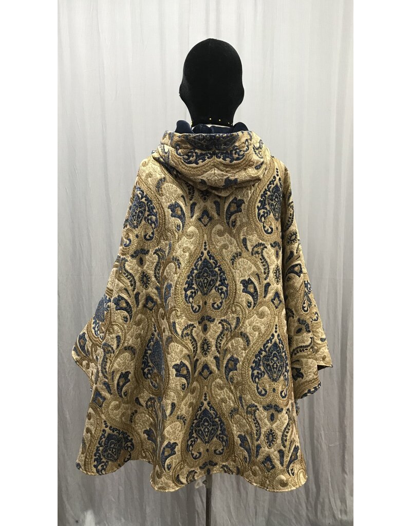 Cloakmakers.com 5465 - Washable Brocade Tapestry Ruana Cloak w/ Blue Cotton Velvet Hood Lining