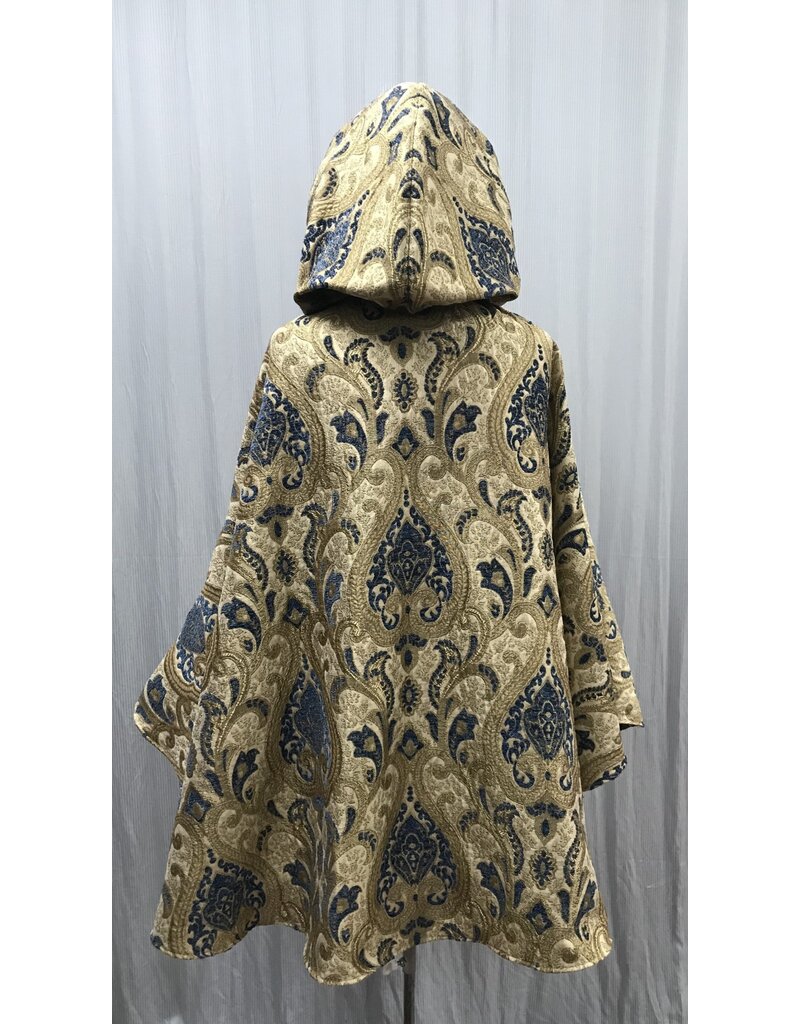 Cloakmakers.com 5465 - Washable Brocade Tapestry Ruana Cloak w/ Blue Cotton Velvet Hood Lining