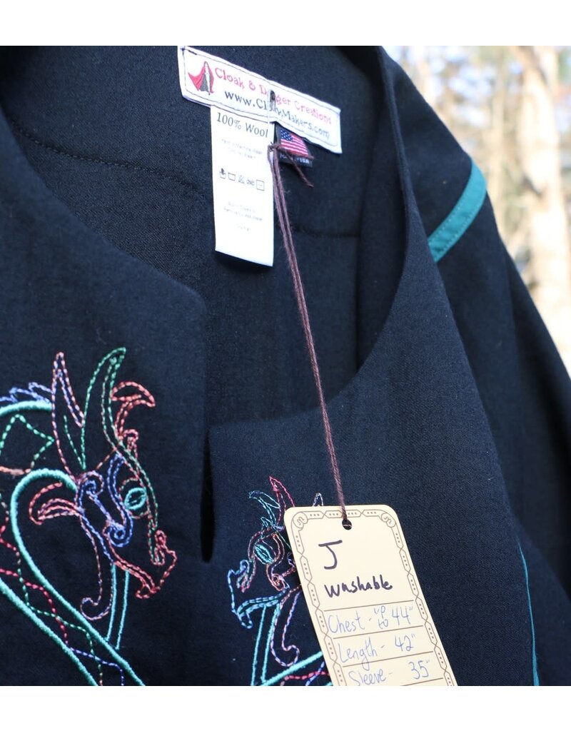 Cloakmakers.com J867 - Black Long-Sleeve Viking Tunic w/ Dragon and Celtic Knot Embroidery