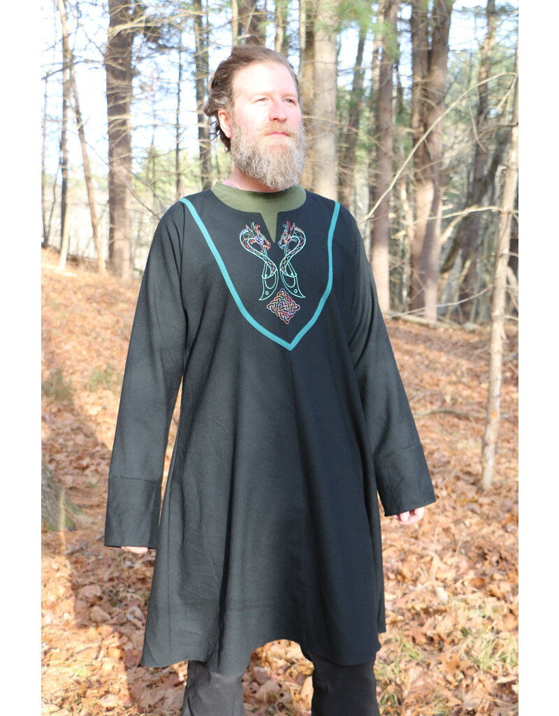 Cloakmakers.com J867 - Black Long-Sleeve Viking Tunic w/ Dragon and Celtic Knot Embroidery