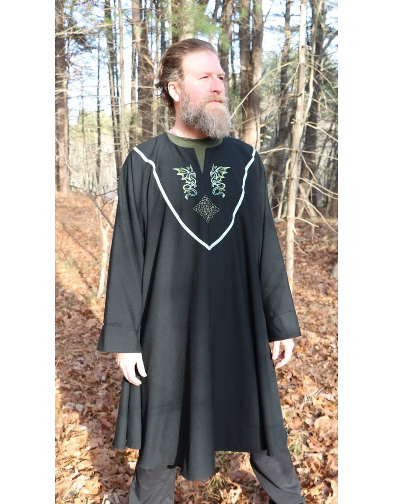 Cloakmakers.com J868 - Black Long-Sleeve Viking Tunic w/ Dragon and Celtic Knot Embroidery