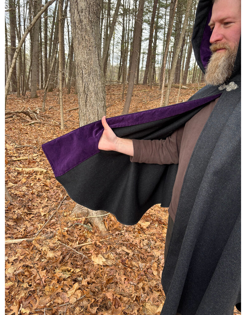 Cloakmakers.com 5526-Charcoal Grey Wool Cloak w/ Purple Velvet Hood Lining and Pockets