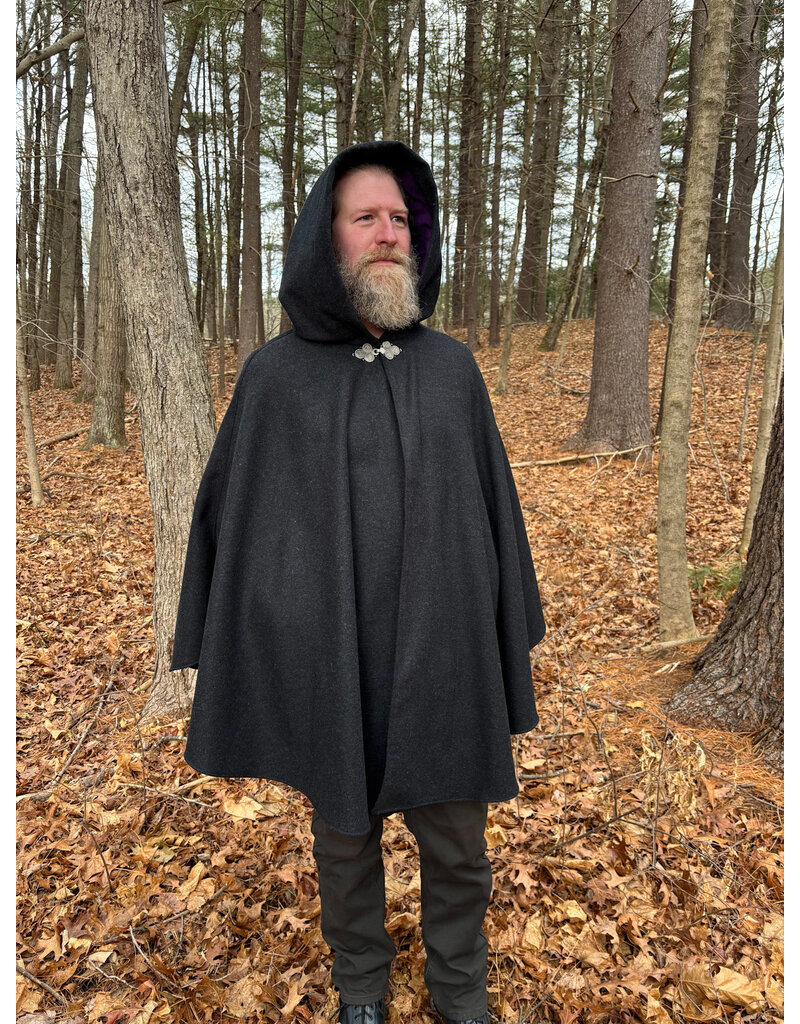 Cloakmakers.com 5526-Charcoal Grey Wool Cloak w/ Purple Velvet Hood Lining and Pockets